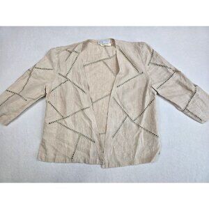 Embroidered Beige Linen Open Front Cardigan Jacket Geometric Cut-Out Detail M
